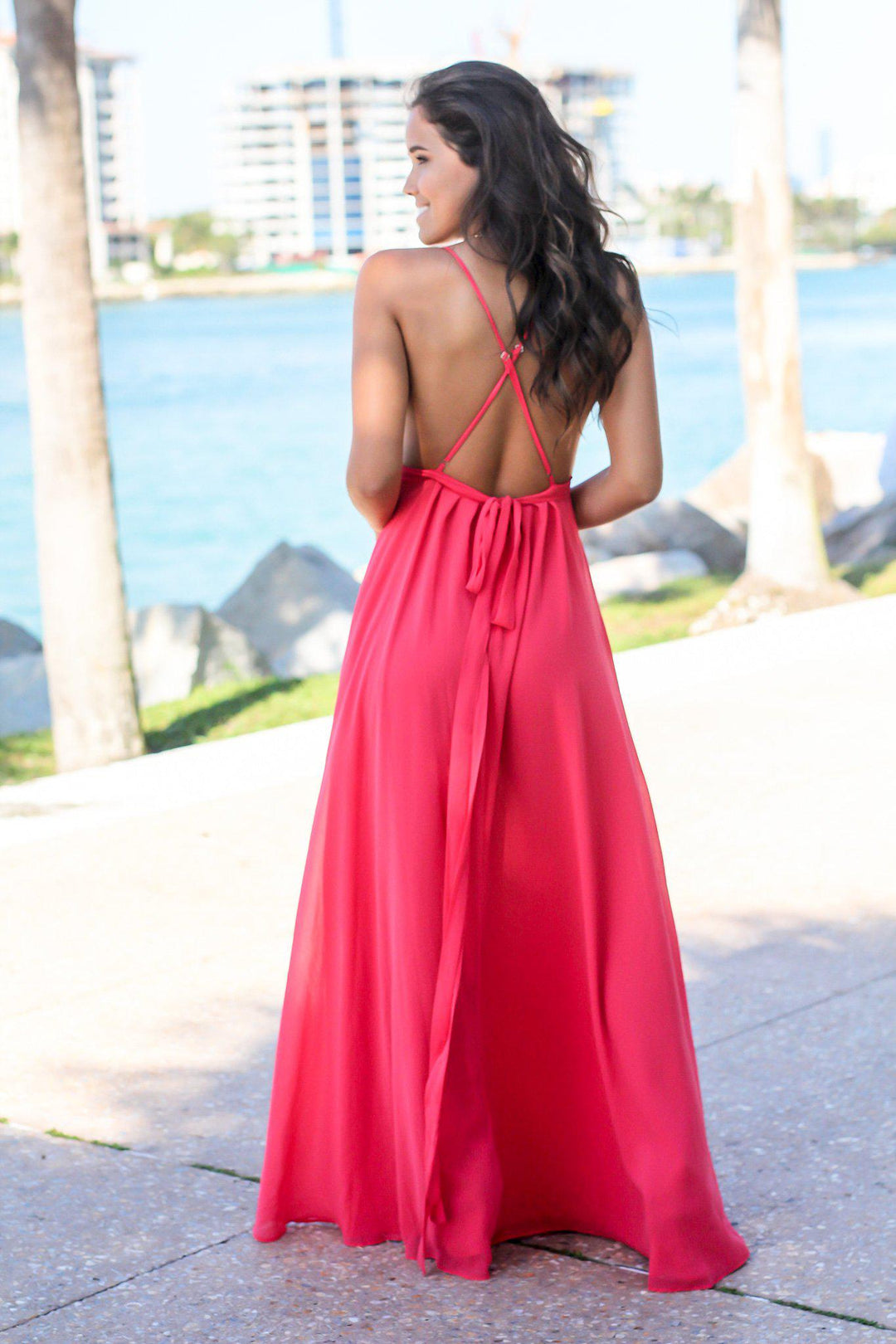 Coral Maxi Dress with Criss Cross Back and Lace Detail | Maxi Dresses Saved by the Dress Coral Maxi Dress with Criss Cross Back and Lace Detail | Maxi Dresses Saved by the Dress