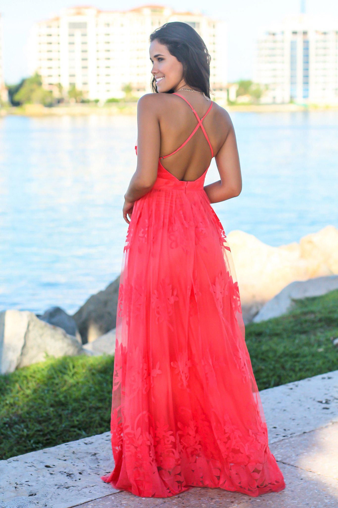 Coral Floral Tulle Maxi Dress with Criss Cross Back