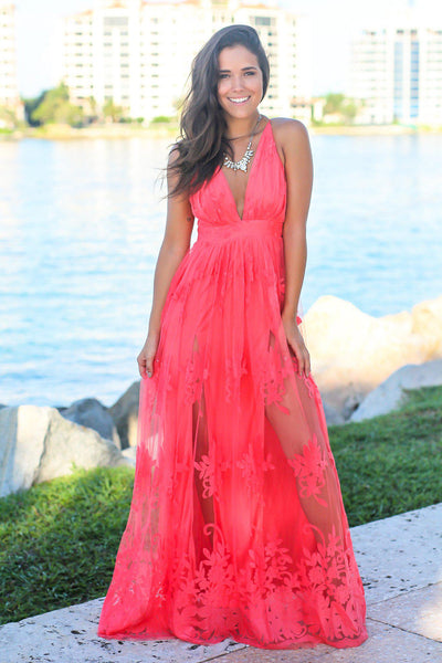 Coral Floral Tulle Maxi Dress with Criss Cross Back
