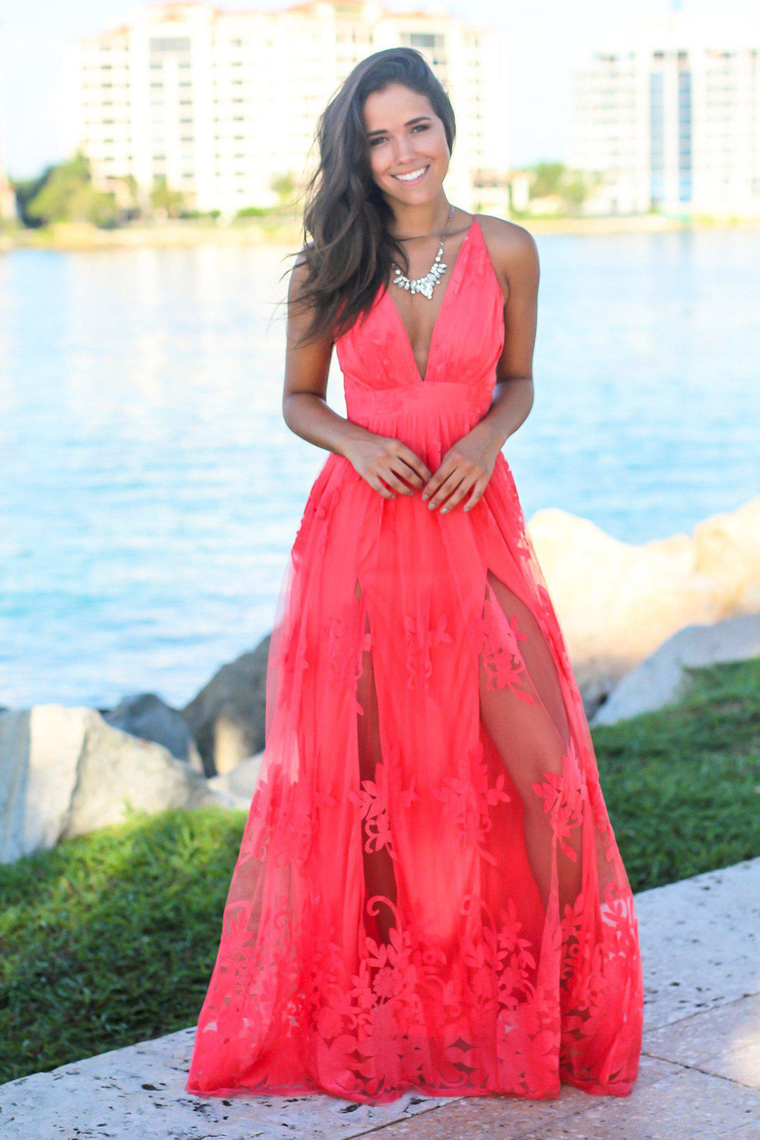 Floral tulle maxi dress with criss cross back deals