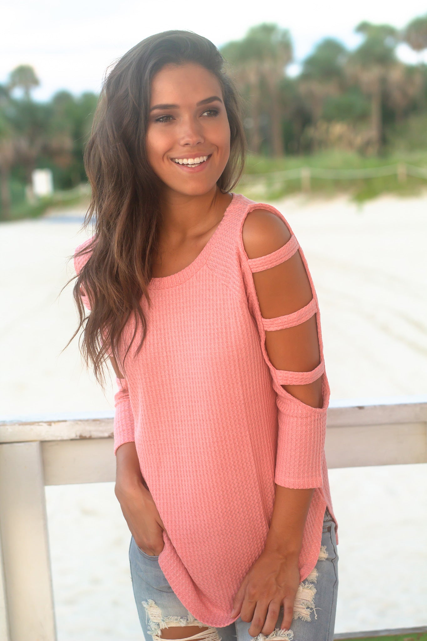 Coral Knit Top with Cut Out Sleeve Detail