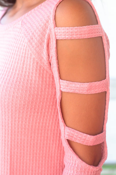 Coral Knit Top with Cut Out Sleeve Detail