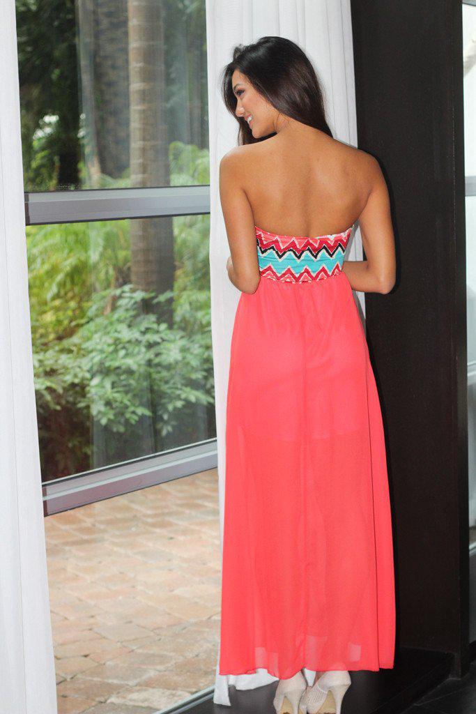 Coral Maxi Dress With Printed Top