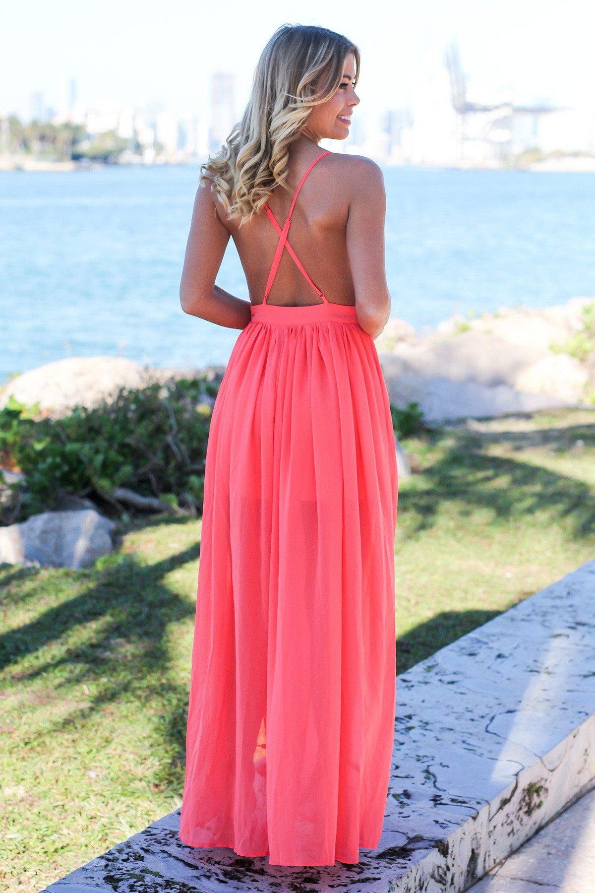 Coral Maxi Dress with Criss Cross Back