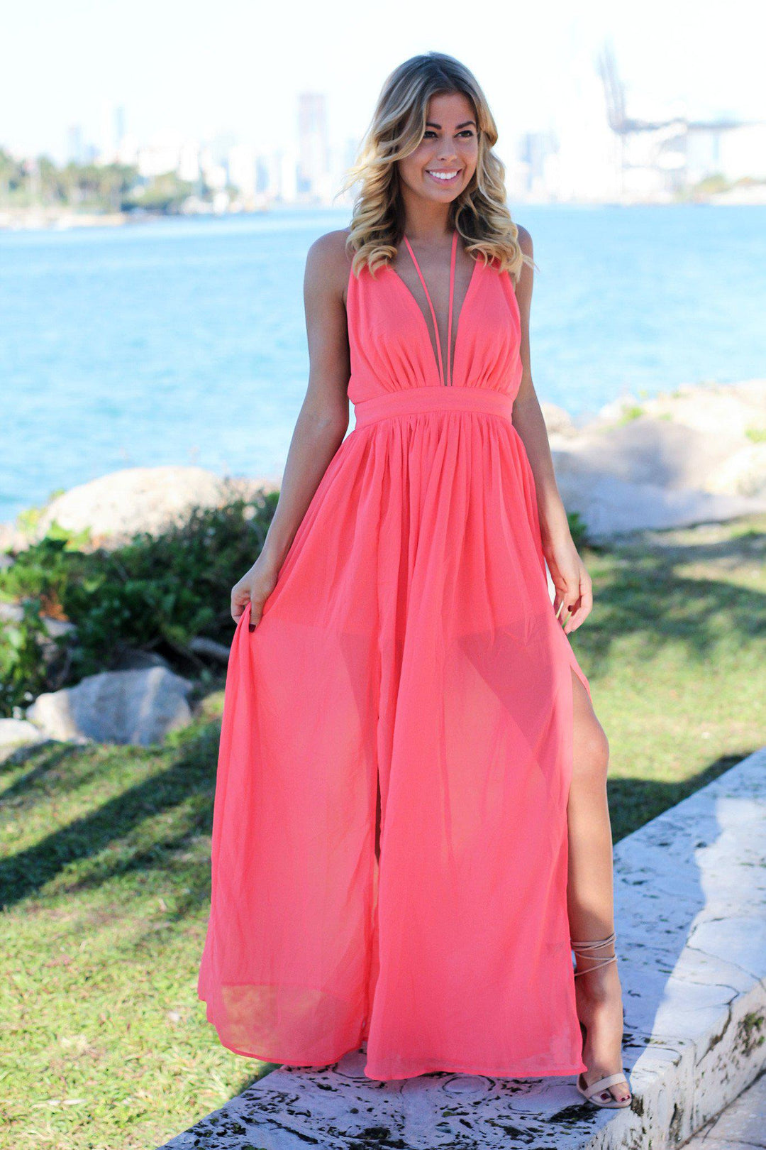 coral maxi dress casual Coral Maxi Dress with Criss Cross Back