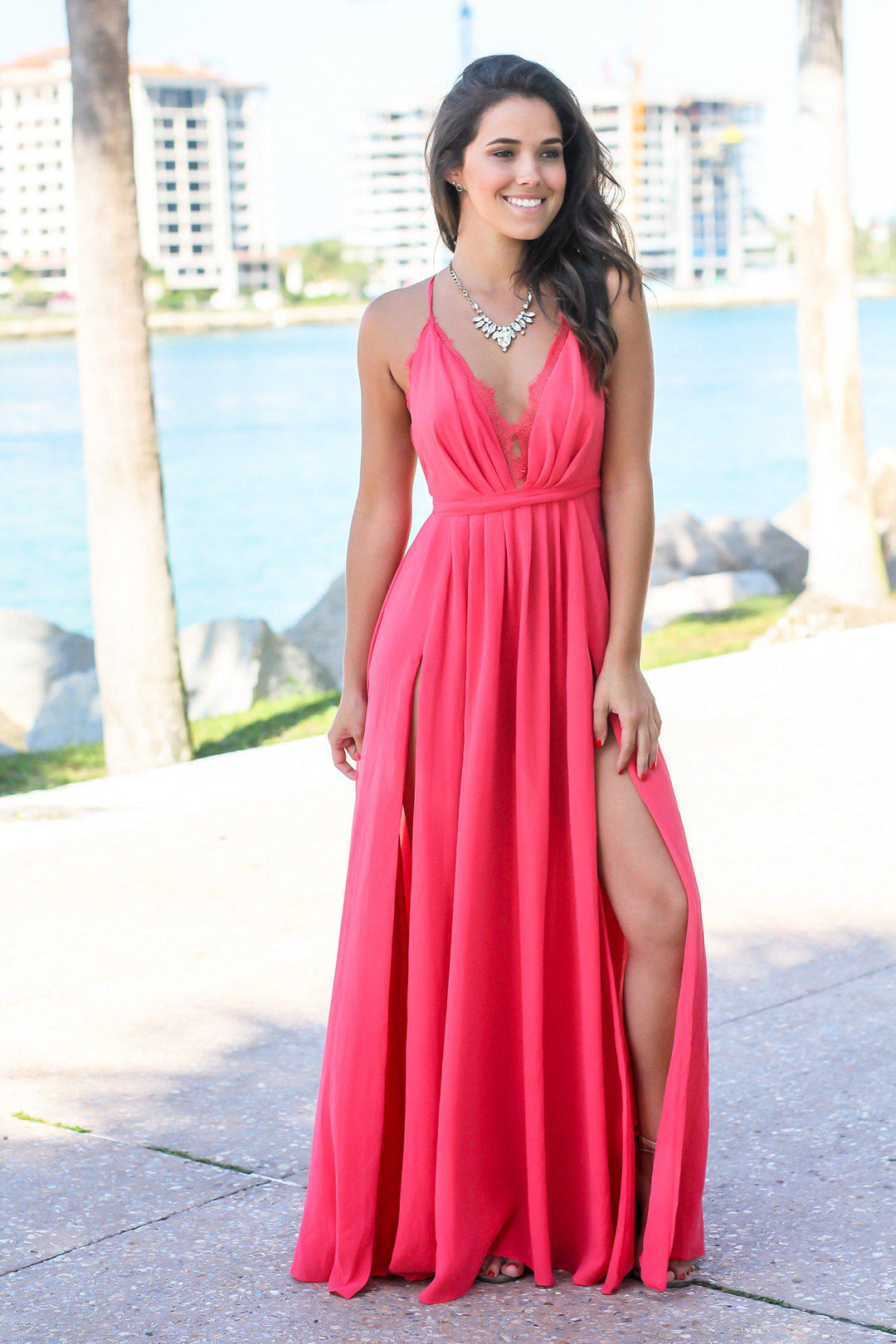Coral Maxi Dress with Criss Cross Back and Lace Detail | Maxi Dresses Saved by the Dress Coral Maxi Dress with Criss Cross Back and Lace Detail | Maxi Dresses Saved by the Dress
