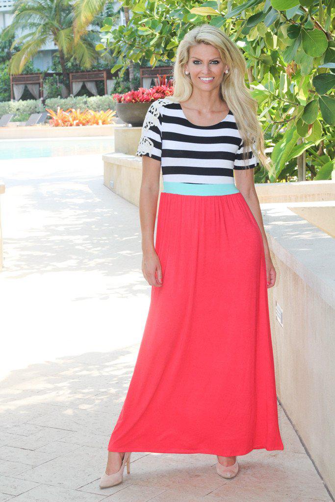 Coral Maxi Dress with Crochet Sleeves