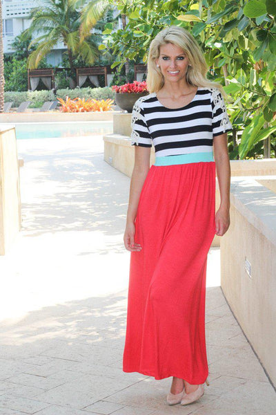 Coral Maxi Dress with Crochet Sleeves