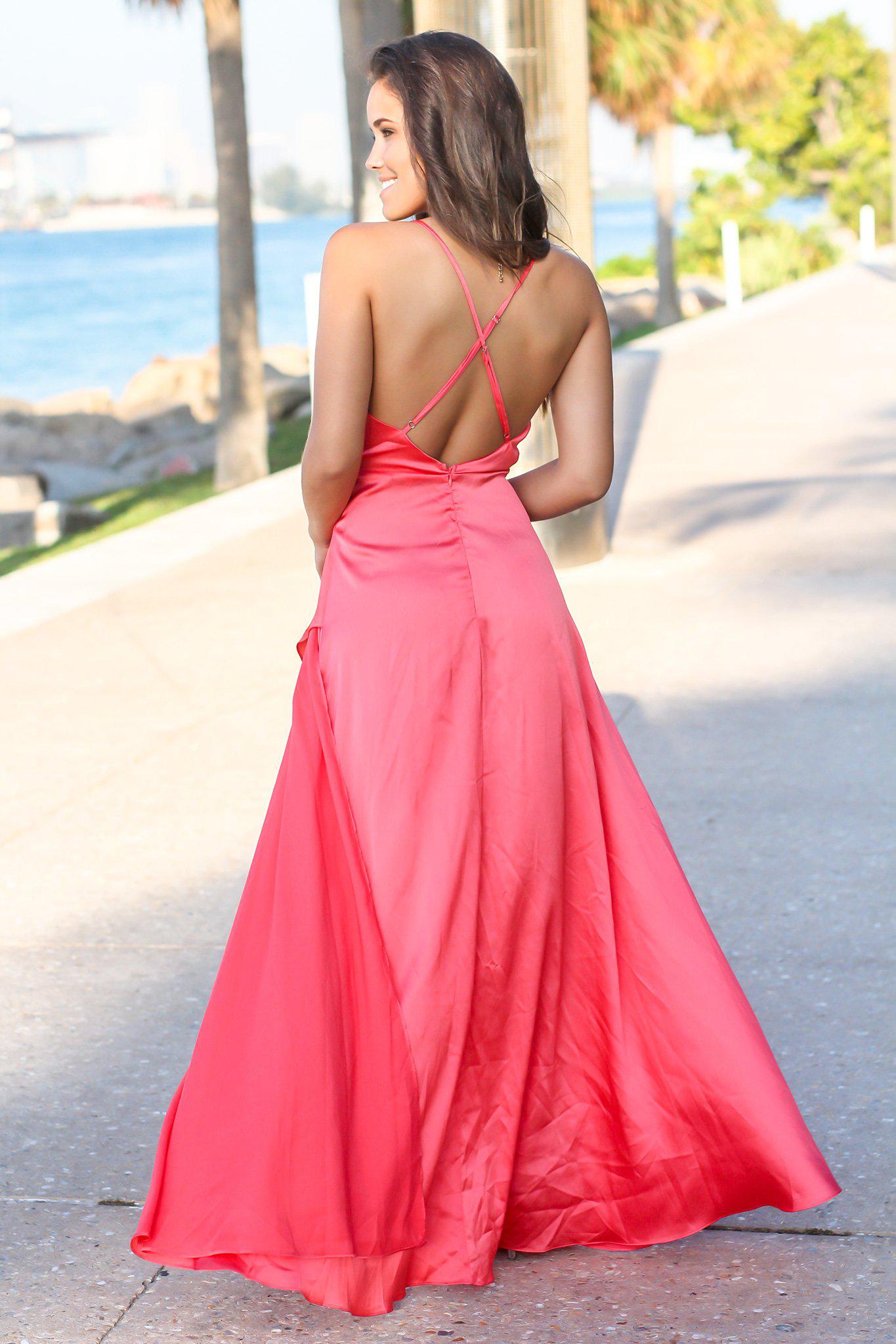 Coral Maxi Dress with Draped Top and Criss Cross Back