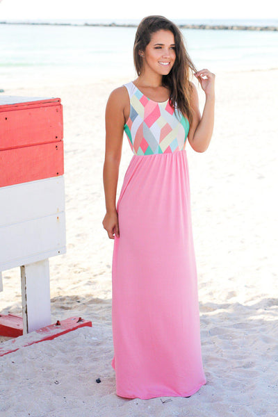 Coral Maxi Dress with Geometric Top