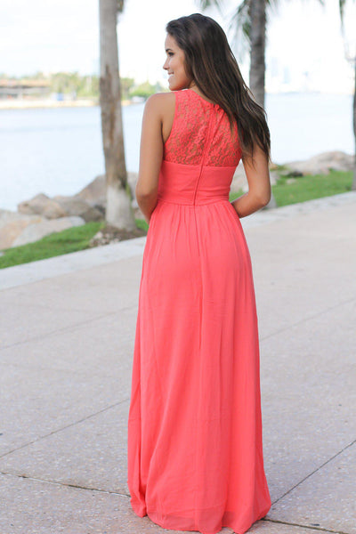 Coral Maxi Dress with Pleated Lace Top