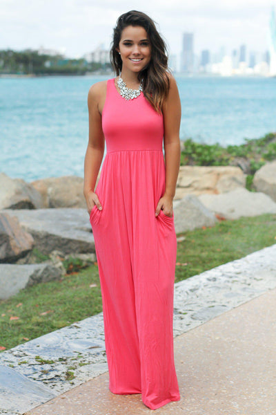 Coral Maxi Dress with Pockets