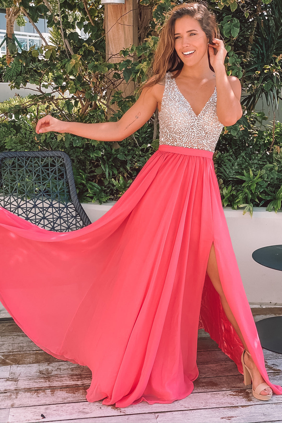Coral Maxi Dress with Silver Jewels Maxi Dresses Saved by the Dress