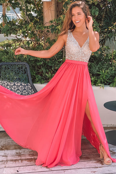 Coral Maxi Dress with Silver Jewels