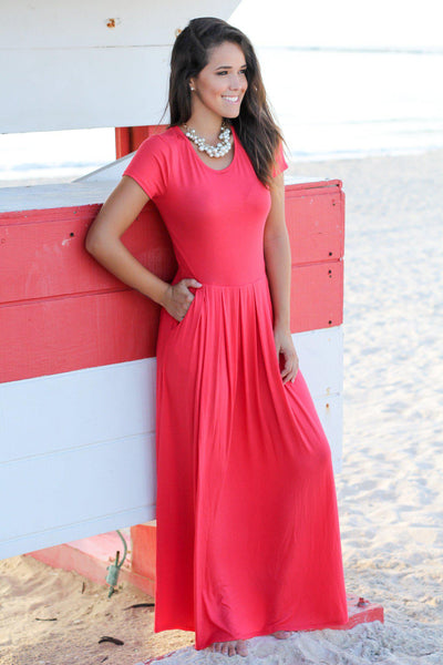 Coral Pleated Maxi Dress with Pockets
