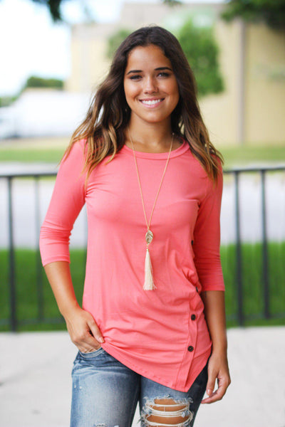 Coral Top With ¾ Sleeves And Buttons