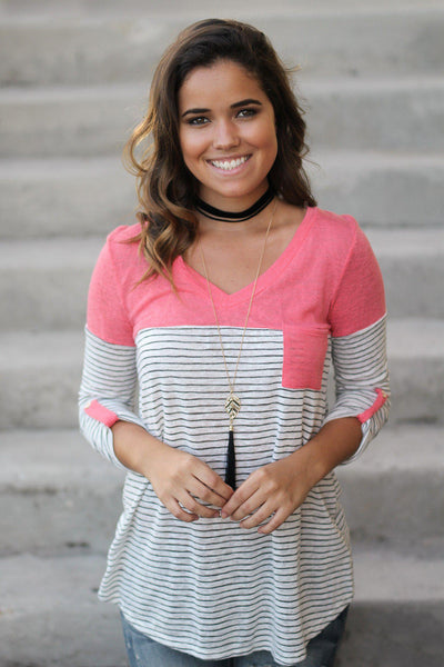 Coral Striped Top with Pocket