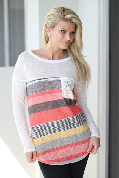 Coral Top With Crochet Pocket