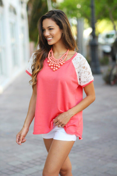 Coral Tee with Lace Sleeves