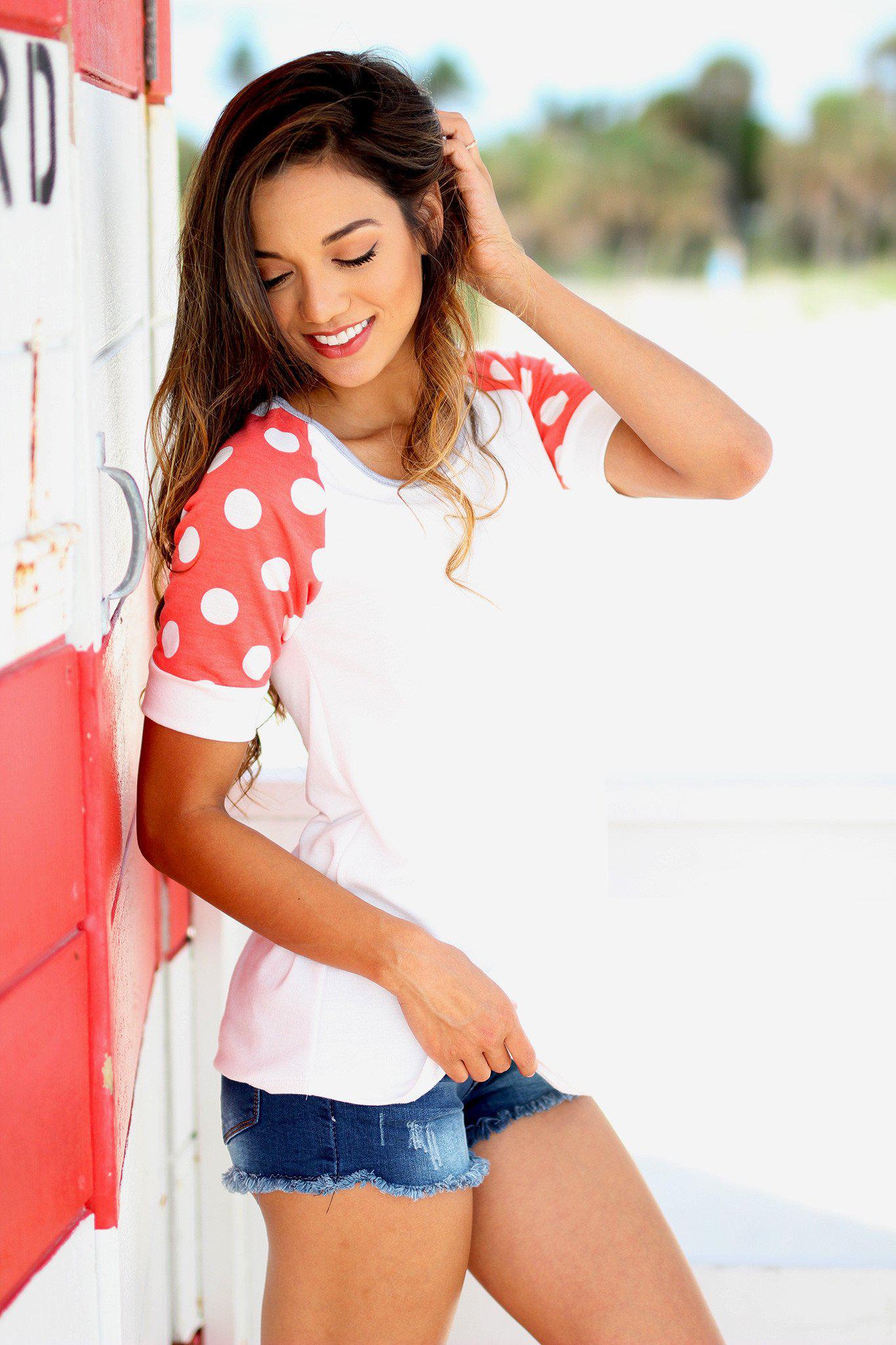 White and Coral Top with Polka Dot Sleeves