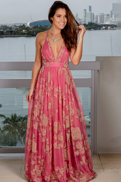 Coral and Beige Printed Tulle Maxi Dress with Criss Cross Back