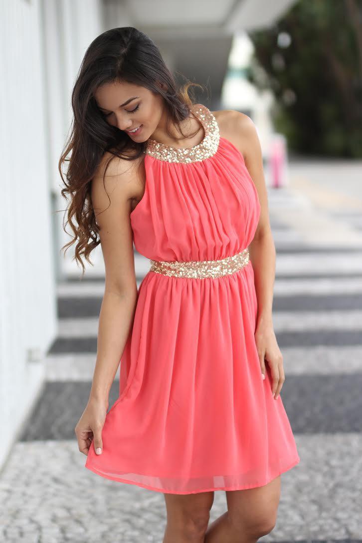 Coral and Gold Sequin Dress