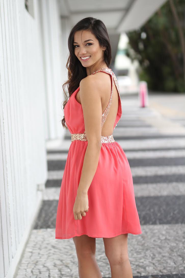 coral gold dress Coral and Gold Sequin Dress