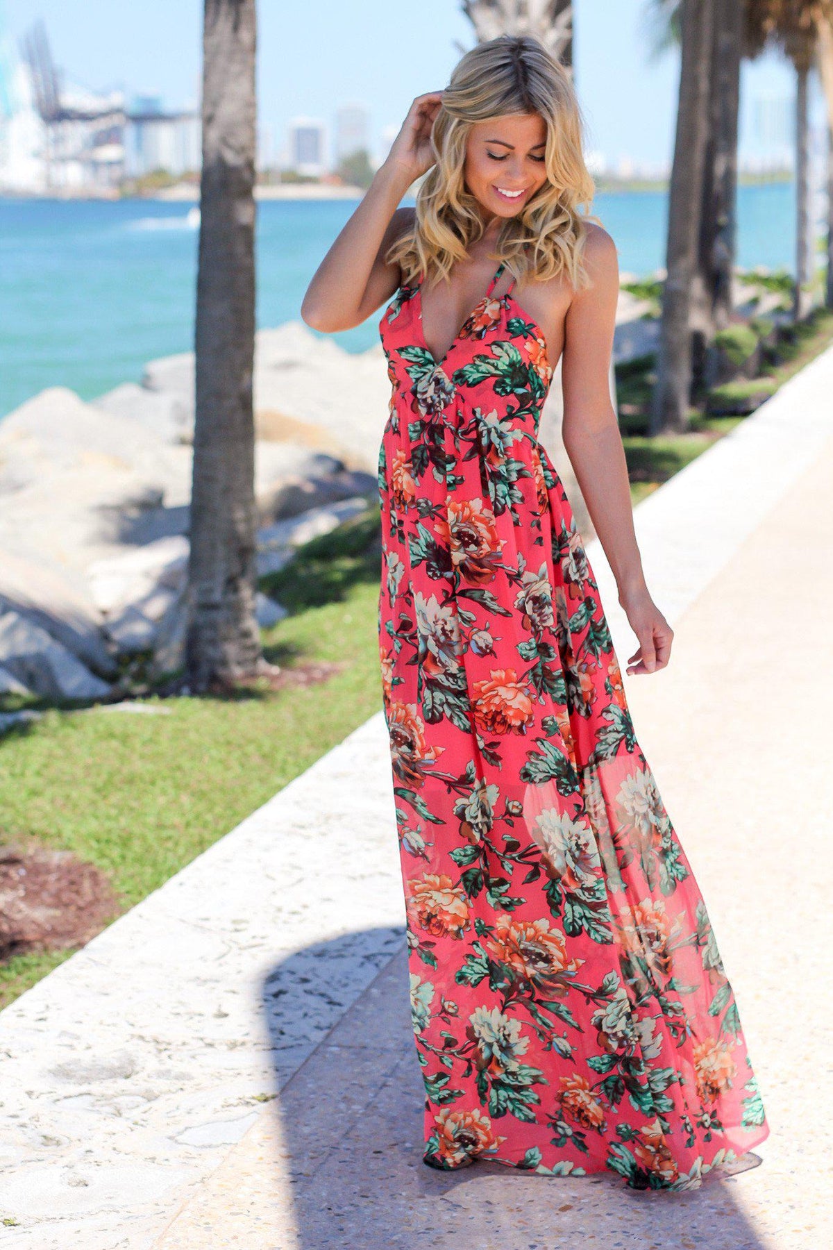 slim fit dress slacks Coral and Green Floral Maxi Dress with Tie Back