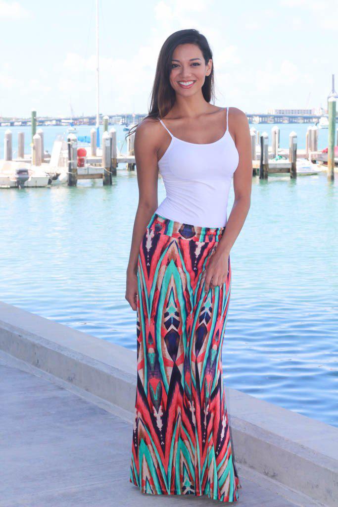 Coral and Mint Printed Maxi Skirt