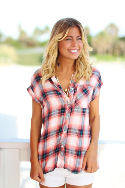Coral and Navy Plaid Top