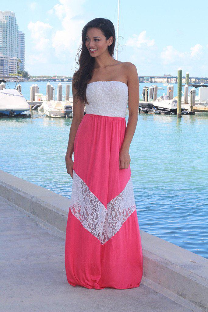 knee length dresses for ladies Coral and Ivory Chevron Maxi Dress with Lace – Saved by the Dress