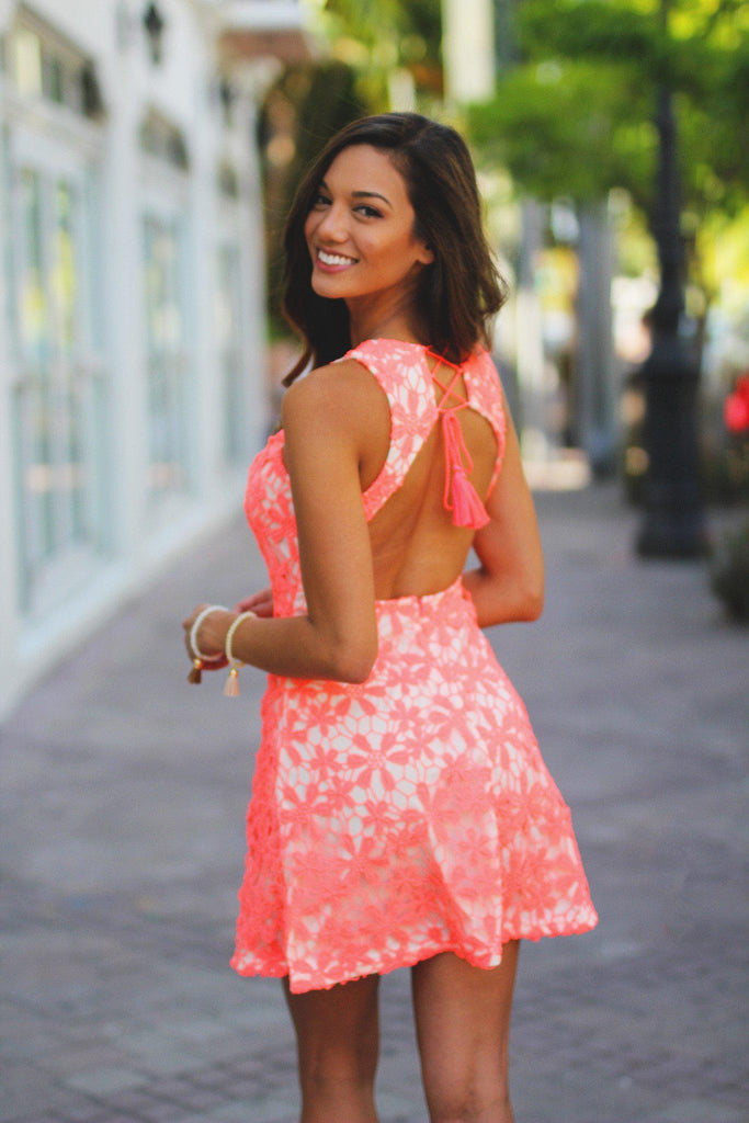 Neon Coral Crochet Dress with Tie Back Cocktail Dress Saved by the Dress