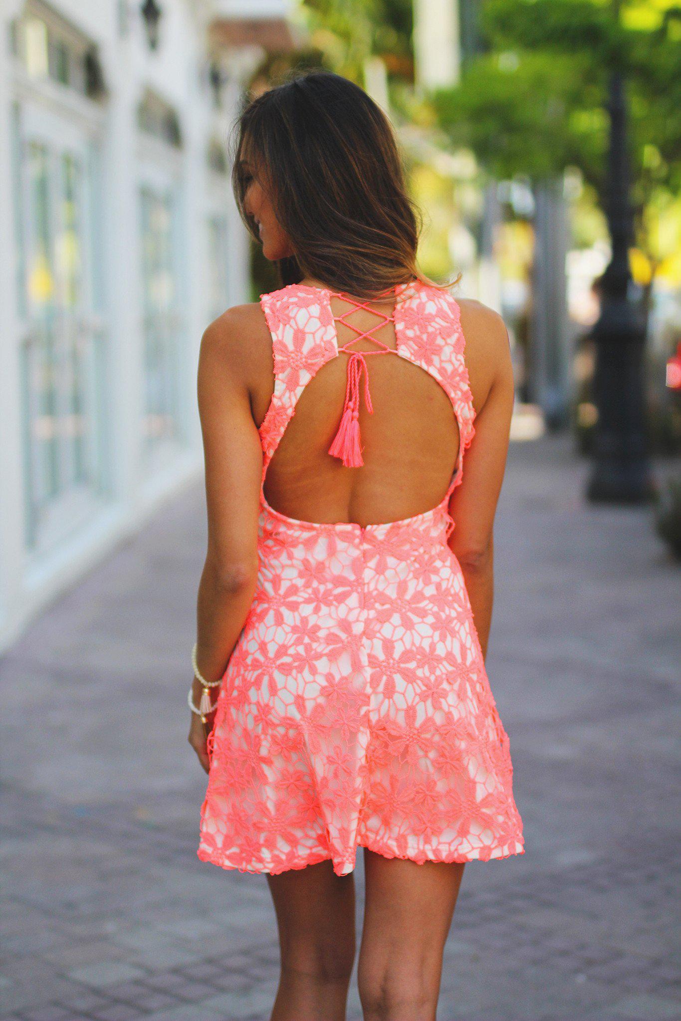 Neon Coral Crochet Dress with Tie Back | Cocktail Dress Saved by the Dress Neon Coral Crochet Dress with Tie Back | Cocktail Dress Saved by the Dress
