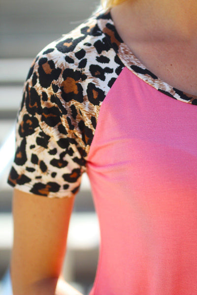 Coral Top with Leopard Sleeves
