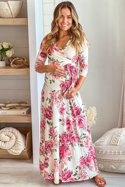 Cream Floral Maternity Maxi Dress with Tie Front