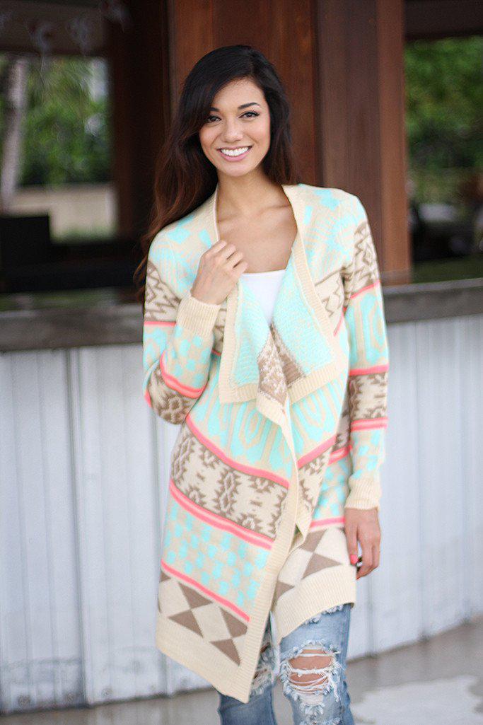 Cream And Neon Pink Long Cardigan
