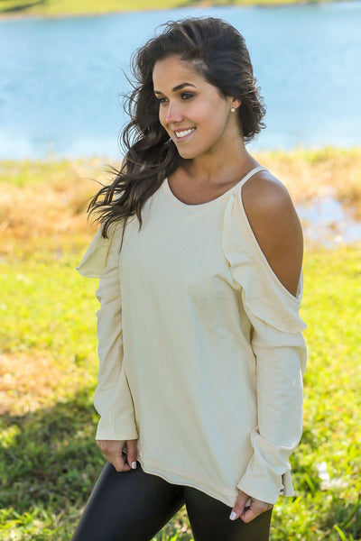 Cream Cold Shoulder Top with Ruffle Detail