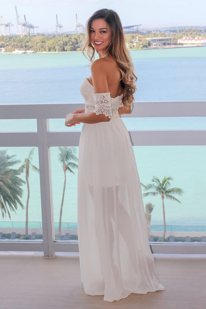 Cream Off Shoulder Maxi Dress with Crochet Top | Maxi Dresses Saved by the Dress Cream Off Shoulder Maxi Dress with Crochet Top | Maxi Dresses Saved by the Dress