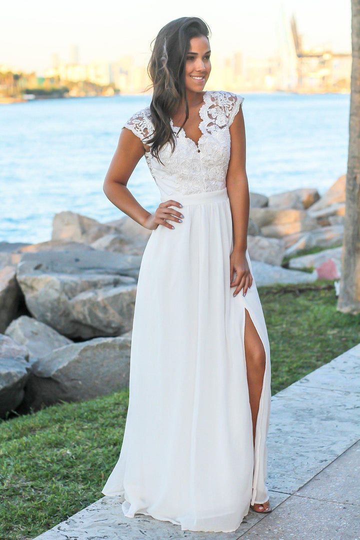 Cream Lace Top Maxi Dress with Open Back and Side Slit | Maxi Dresses Saved by the Dress Cream Lace Top Maxi Dress with Open Back and Side Slit | Maxi Dresses Saved by the Dress
