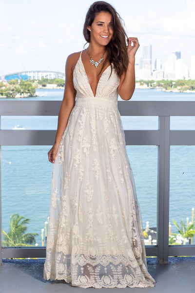 Cream Embroidered Maxi Dress with Criss Cross Back