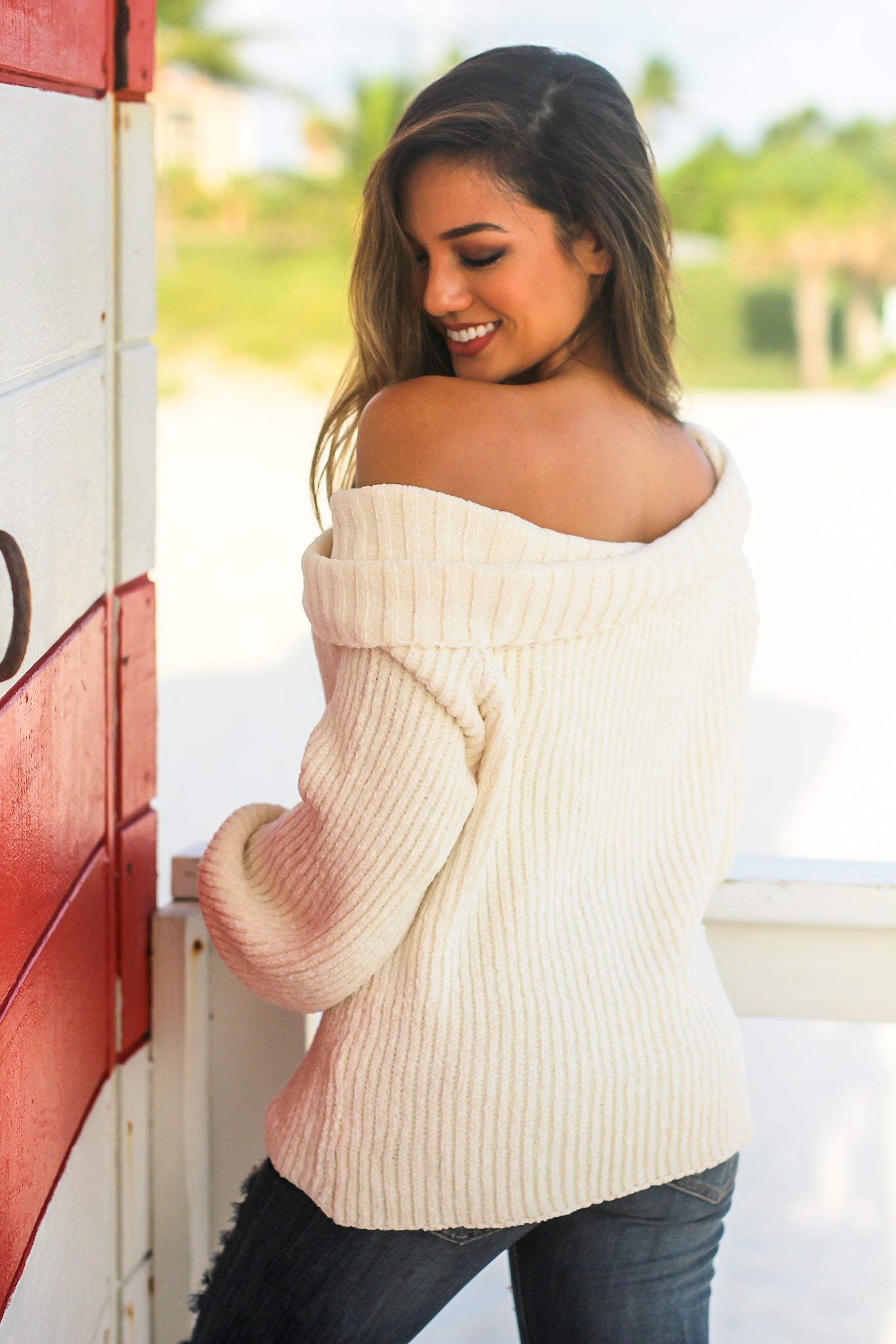 Cream Knit Off Shoulder Sweater
