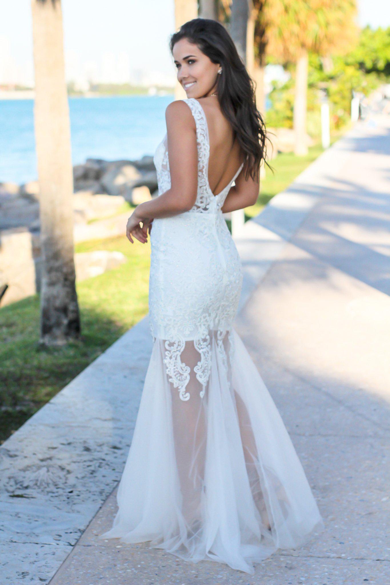 Cream Lace Maxi Dress with Tulle Detail