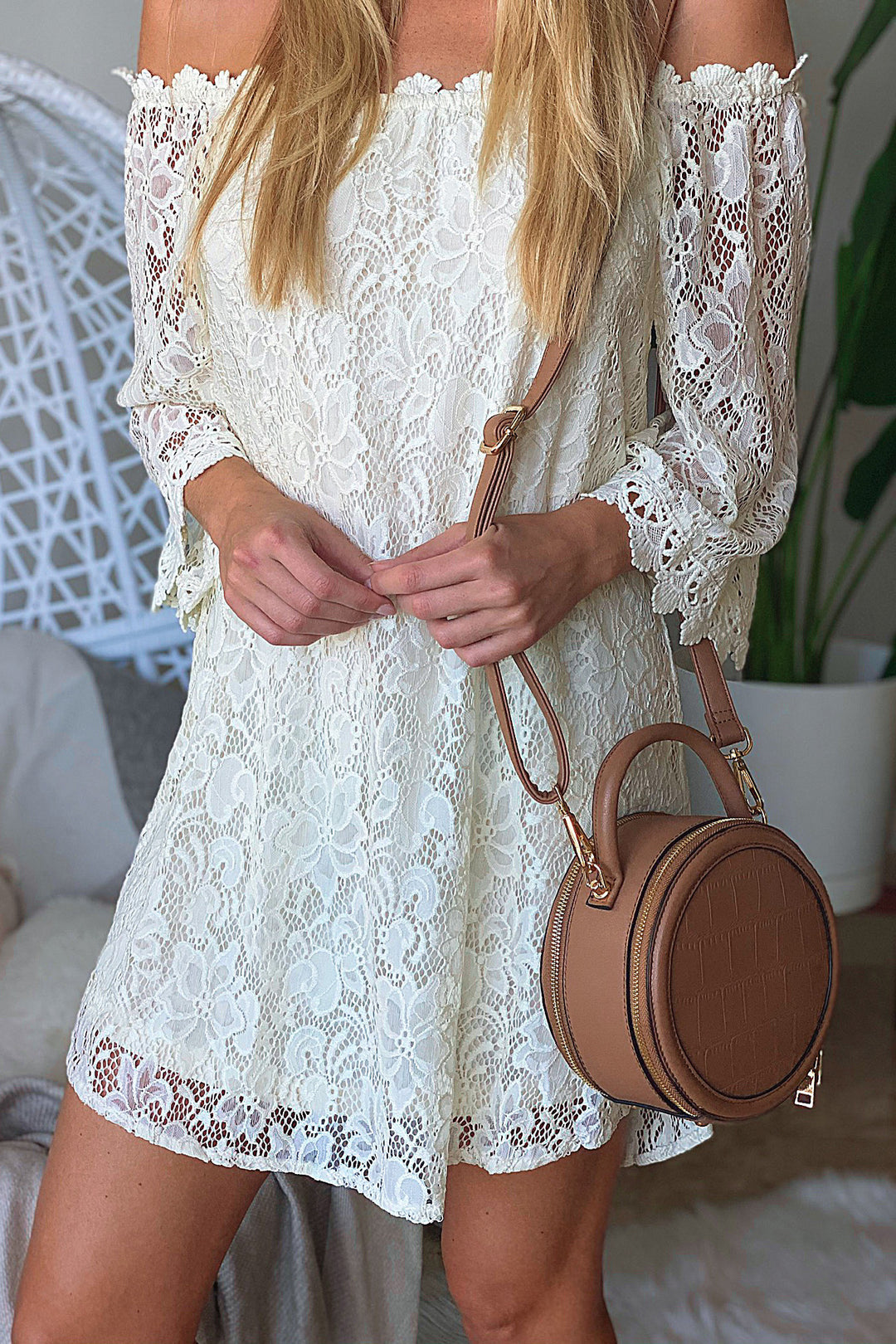 Cream lace off the shoulder dress sales