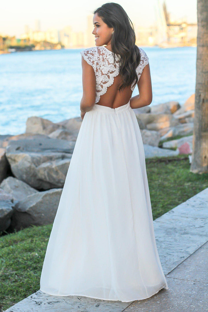 Cream Lace Top Maxi Dress with Open Back and Side Slit | Maxi Dresses Saved by the Dress Cream Lace Top Maxi Dress with Open Back and Side Slit | Maxi Dresses Saved by the Dress