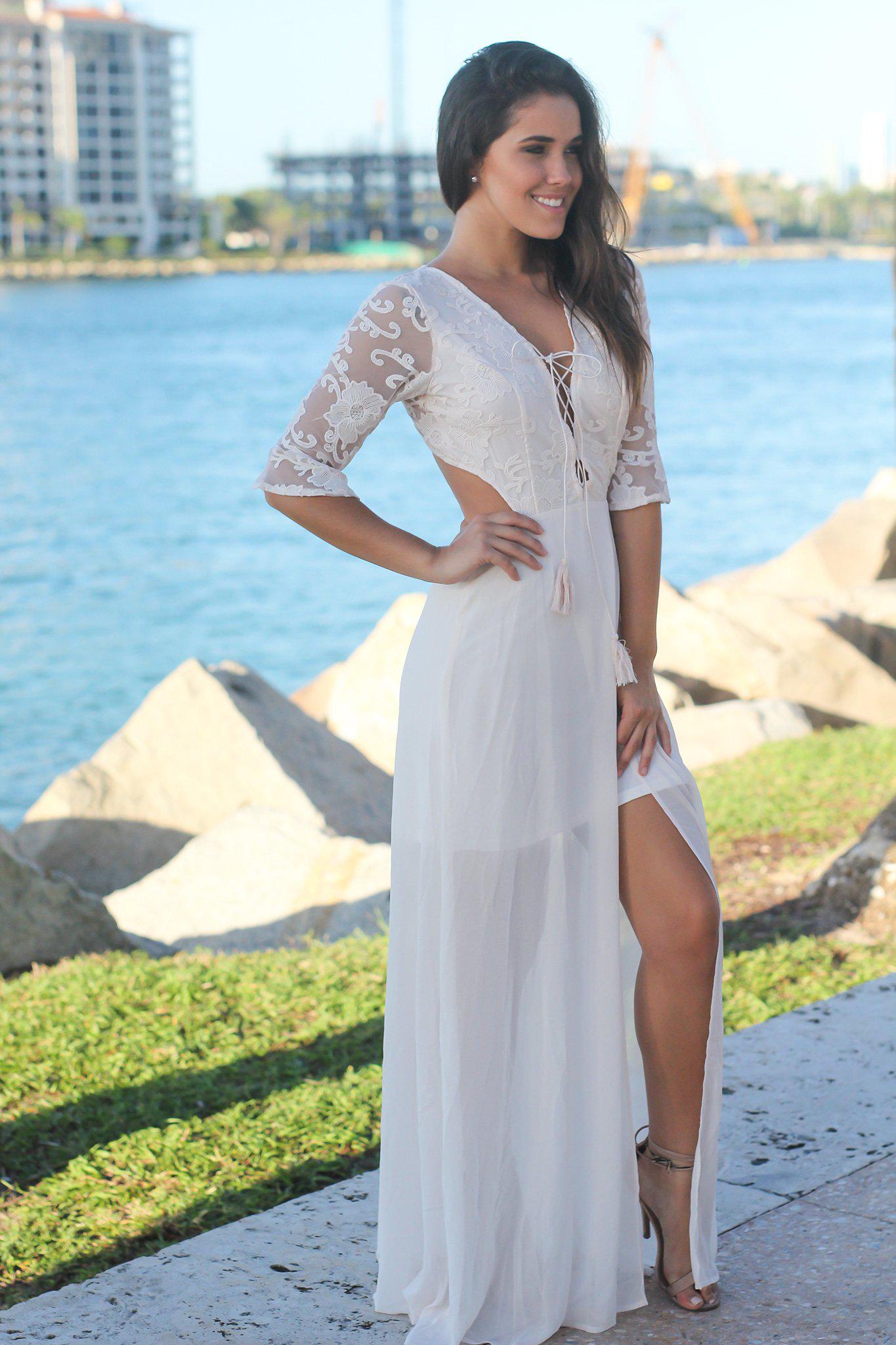 Cream Lace Up Top Maxi Dress with Open Back