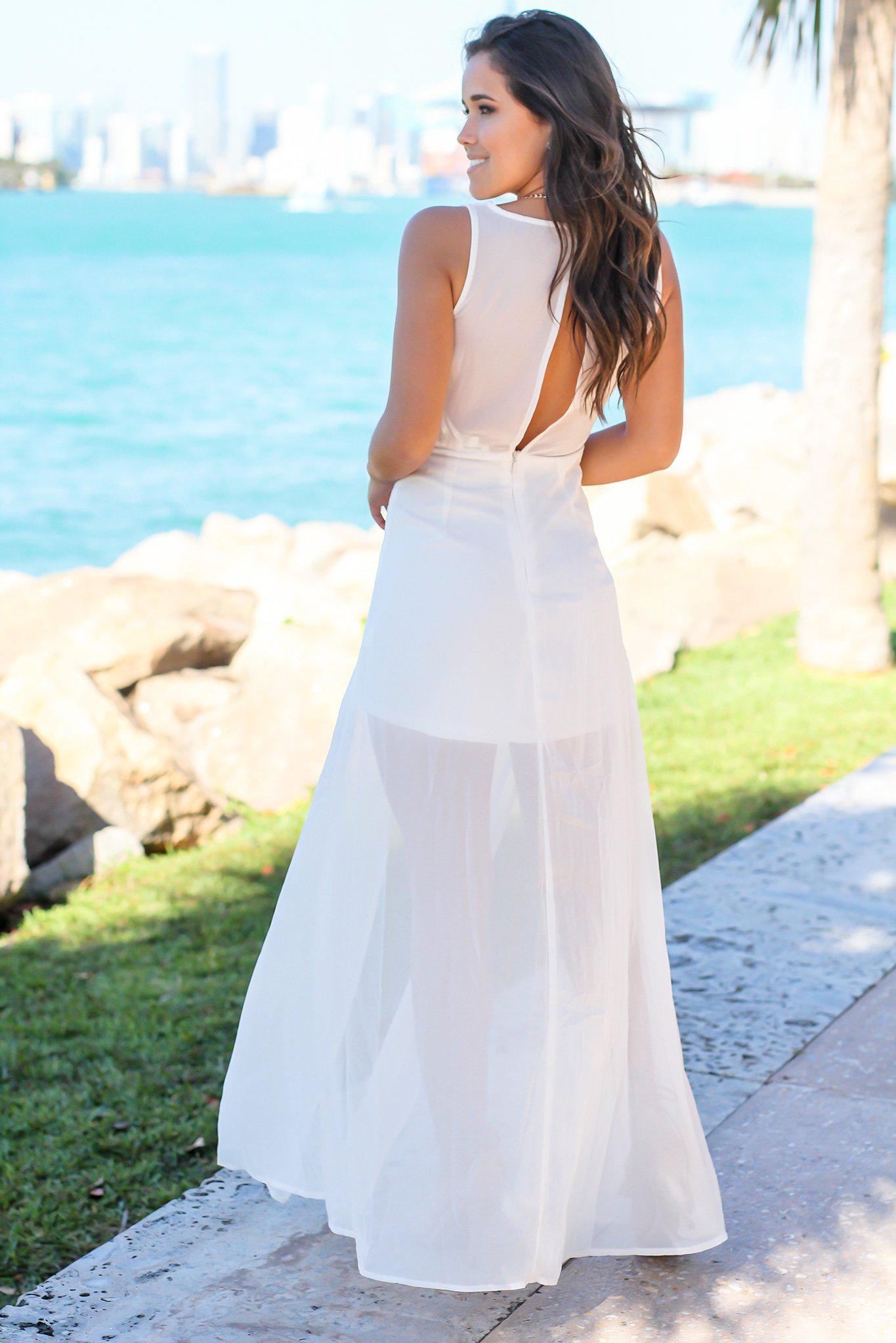 Cream Maxi Dress with Embroidered Top and Slit