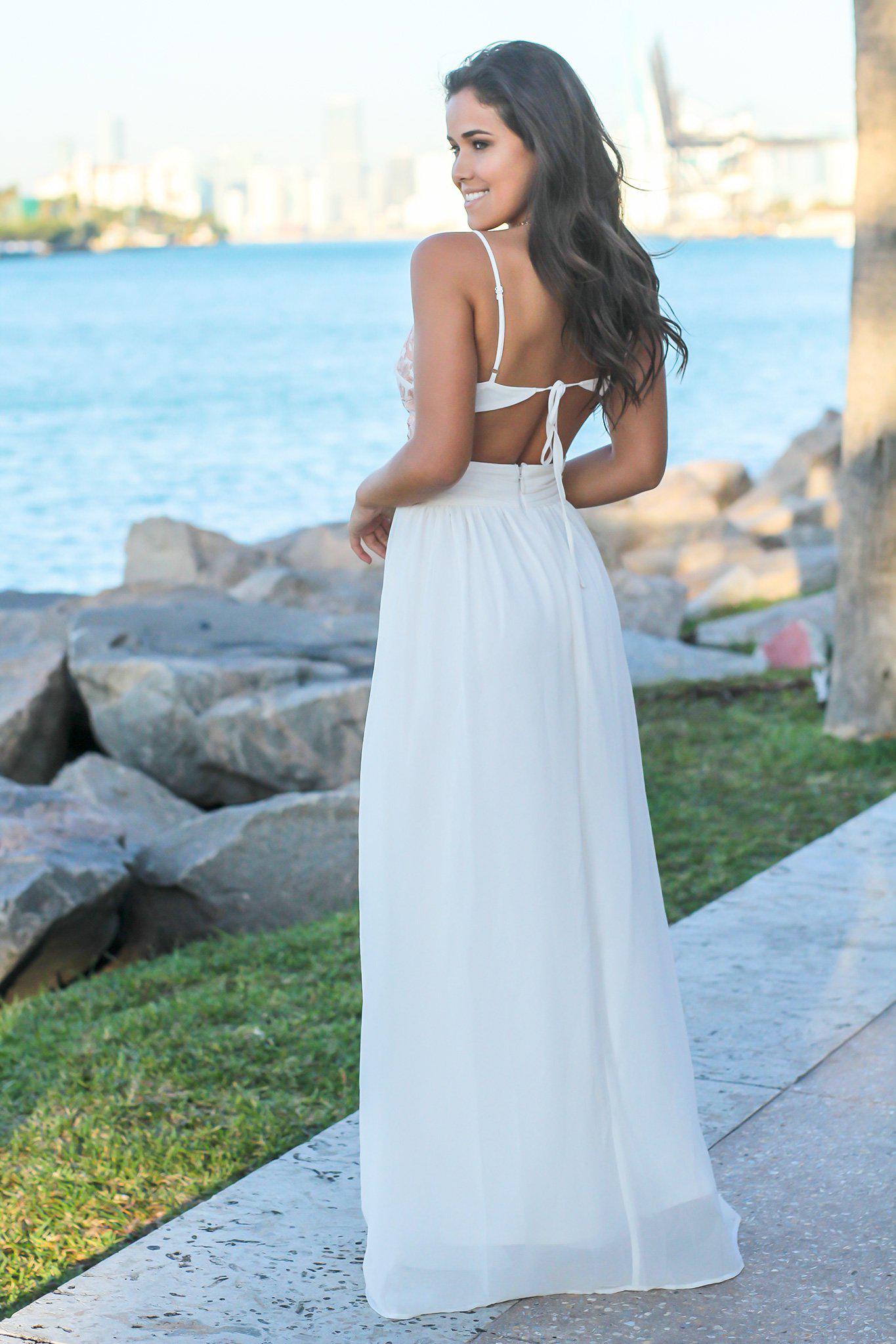 Cream Maxi Dress with Open Back and Embroidered Top