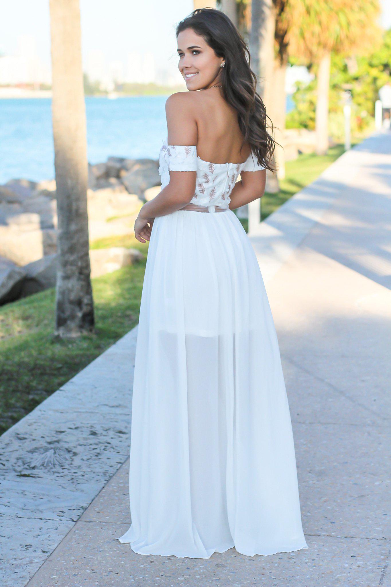 Cream Off Shoulder Maxi Dress with Embroidered Top