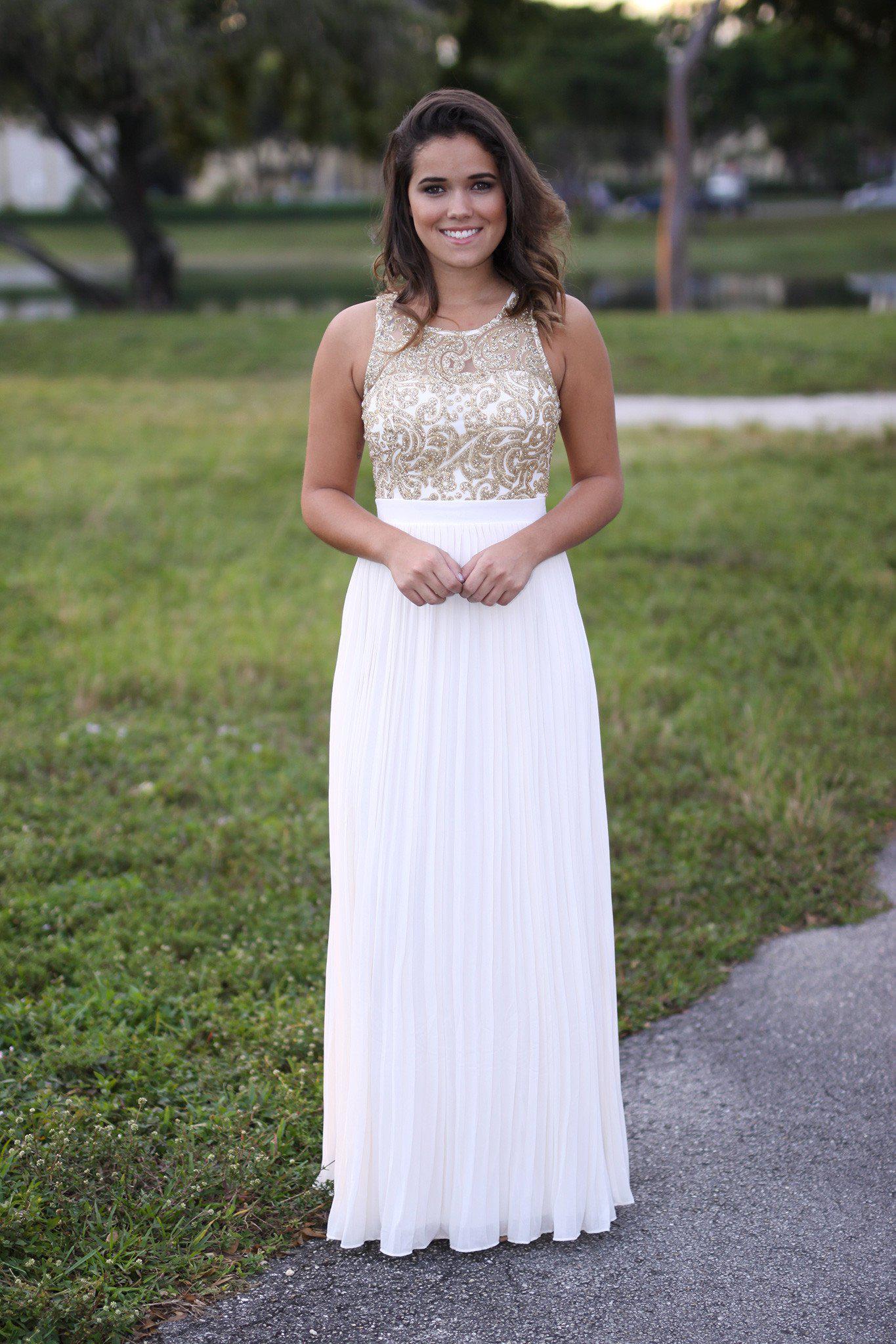 Cream and Gold Pleated Maxi Dress