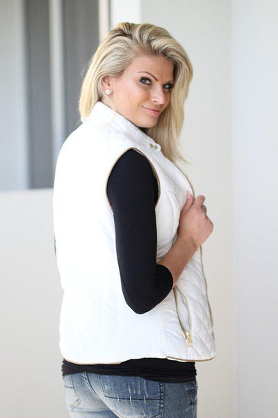 Cream Quilted Vest With Pockets